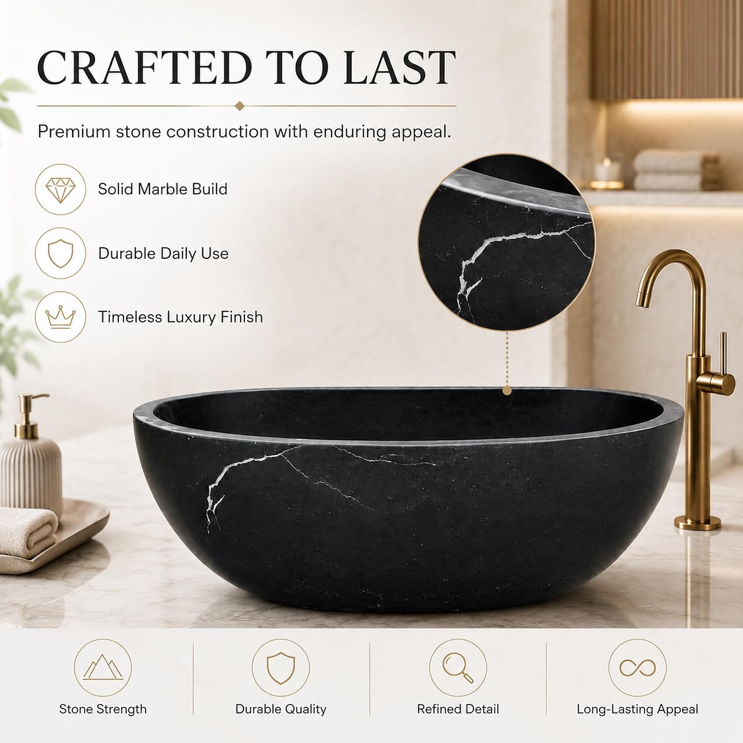 CHETTO C Black Marble Freestanding Bathtub, Luxury Oval Stone Soaking Tub with Smooth Curved Design, Deep Ergonomic Stand Alone Bath Tub for Master Suite, Spa & Hotel Bathroom 60'Lx29.53'Wx21.65'H