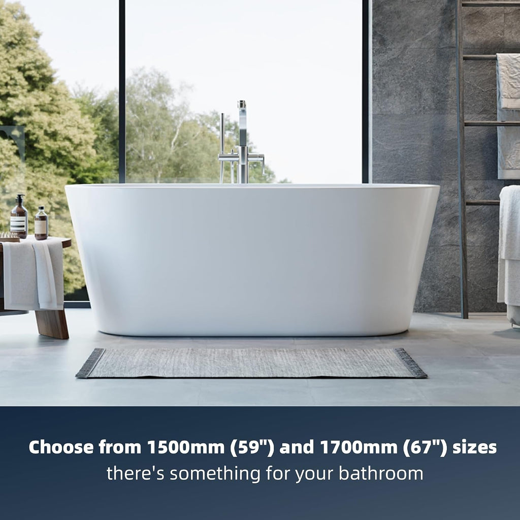 59' Free Standing Tub, Acrylic Soaking Bathtub, Stand Alone Freestanding Tub with Matte Sliver Drain and Overflow, Contemporary Bathtub for Bathroom, Burnish White