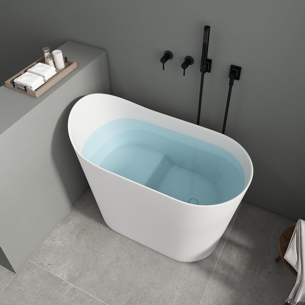 SJ Star&Jane 43' Solid Surface Japanese Soaking Bathtub Stone Resin Freestanding Tub Deep Soaking Bathtub Sit-In Design with Drain