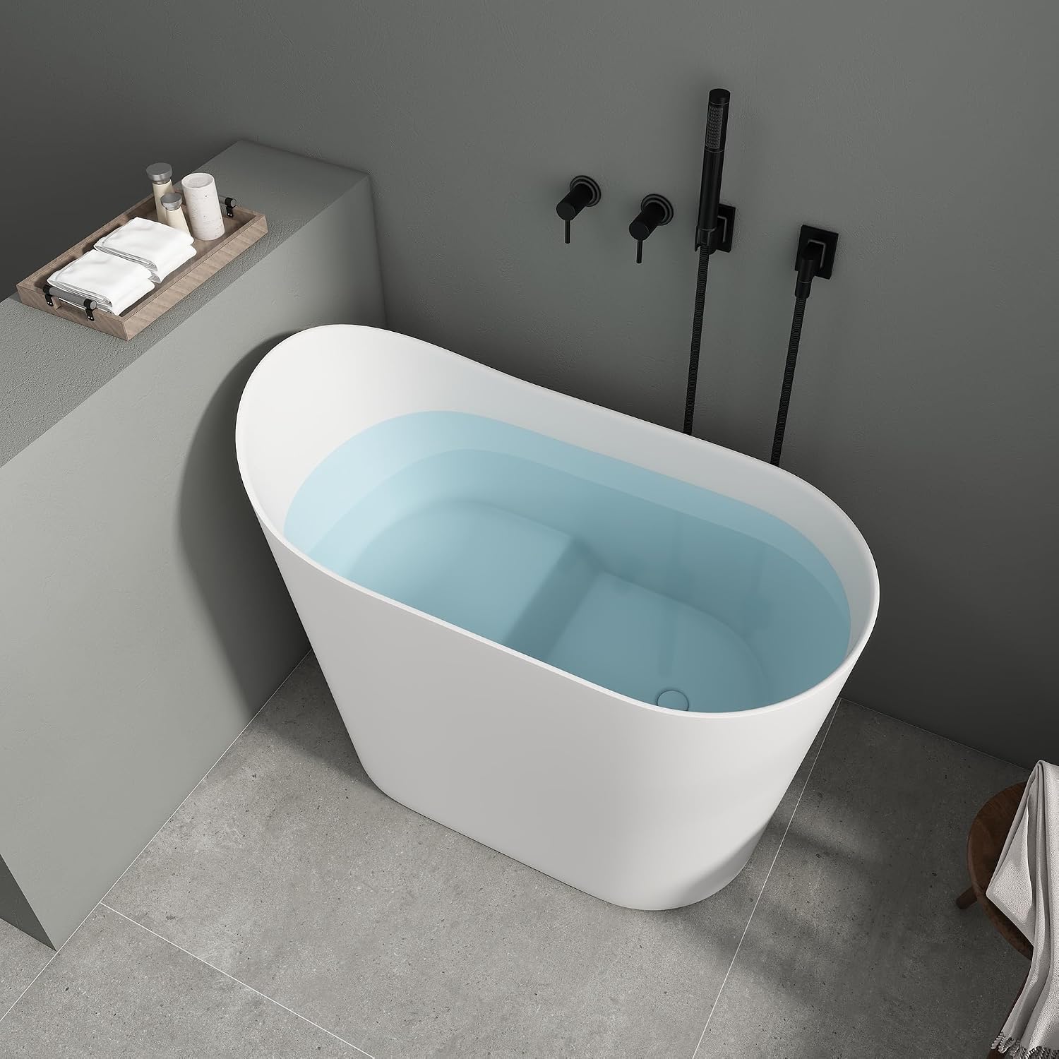 SJ Star&Jane 43' Solid Surface Japanese Soaking Bathtub Stone Resin Freestanding Tub Deep Soaking Bathtub Sit-In Design with Drain