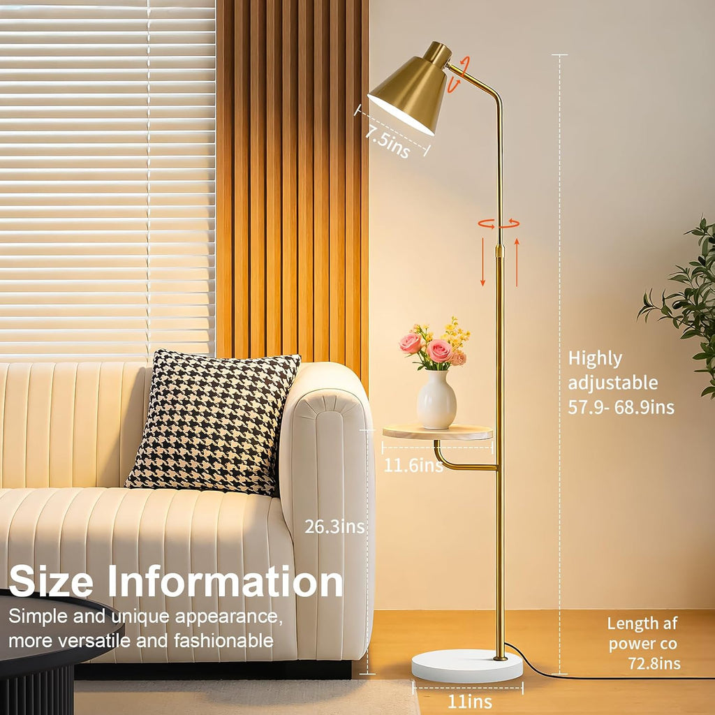 Gold Brushed Floor Lamp with Side Table for Living Room Bedroom, Modern Standing Lamp 12W LED 3-Color Dimmable 3000K/4500K/6500K, Adjustable Gooseneck Reading Light with Wood Shelf for Office Corner