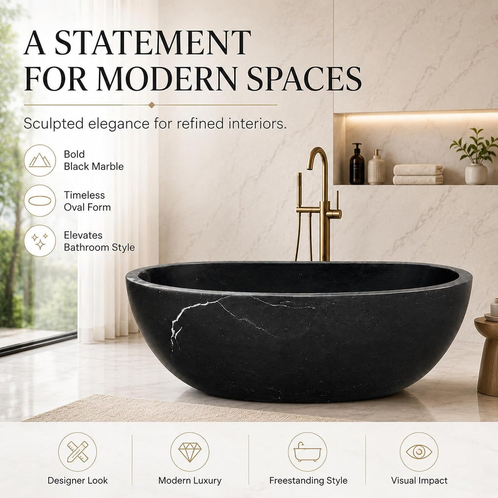 CHETTO C Black Marble Freestanding Bathtub, Luxury Oval Stone Soaking Tub with Smooth Curved Design, Deep Ergonomic Stand Alone Bath Tub for Master Suite, Spa & Hotel Bathroom 60'Lx29.53'Wx21.65'H