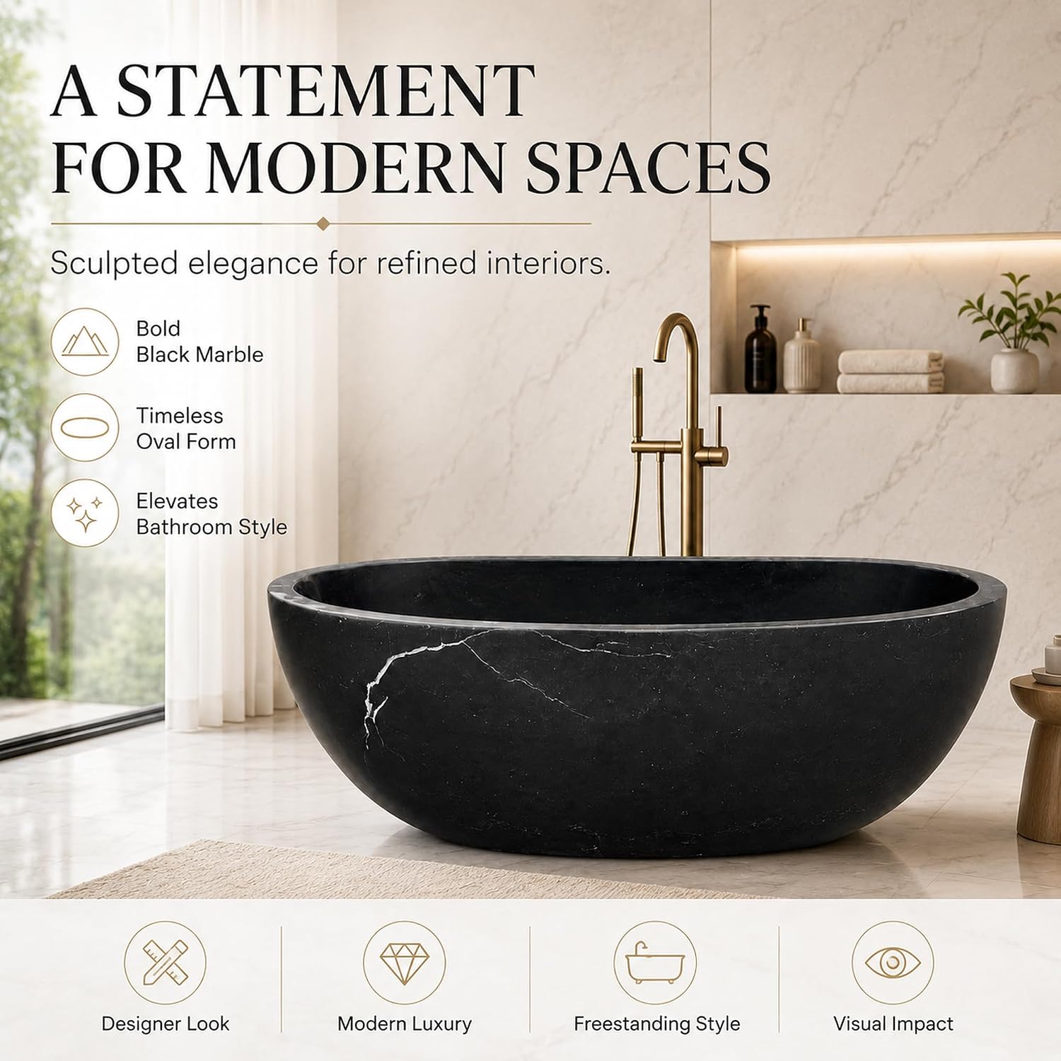 CHETTO C Black Marble Freestanding Bathtub, Luxury Oval Stone Soaking Tub with Smooth Curved Design, Deep Ergonomic Stand Alone Bath Tub for Master Suite, Spa & Hotel Bathroom 60'Lx29.53'Wx21.65'H
