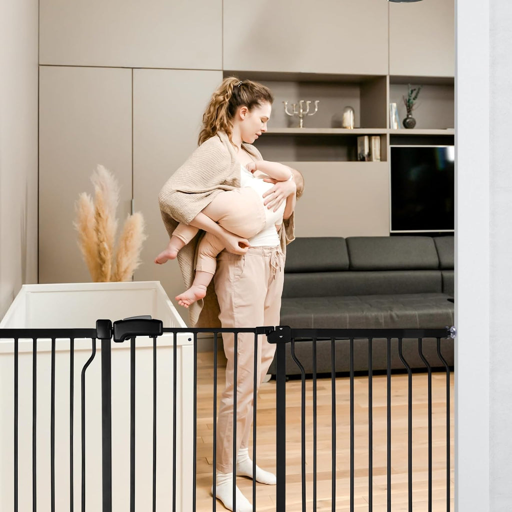 Extra Wide Baby Gate for Stairs Doorways with Door, 30' Tall 57.1-66.5' Wide Easy Install Dog Gate Indoor, Safety Metal Pressure Mounted Pet Gate with Walk-Thru Auto Close for the House, Black