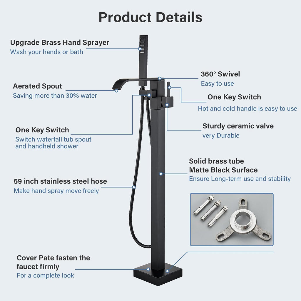Freestanding Bathtub Faucet Matte Black Floor Mounted Tub Filler with Hand Shower Brass High Flow 360 Degree Swivel Standing Spout Mixer Taps