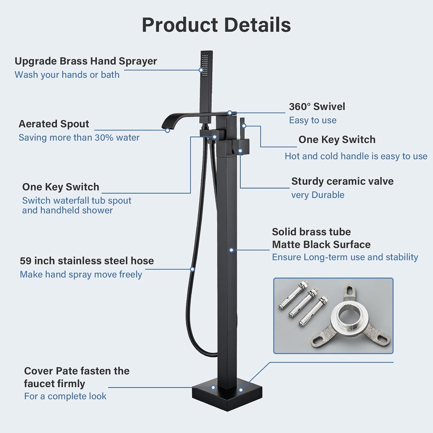 Freestanding Bathtub Faucet Matte Black Floor Mounted Tub Filler with Hand Shower Brass High Flow 360 Degree Swivel Standing Spout Mixer Taps