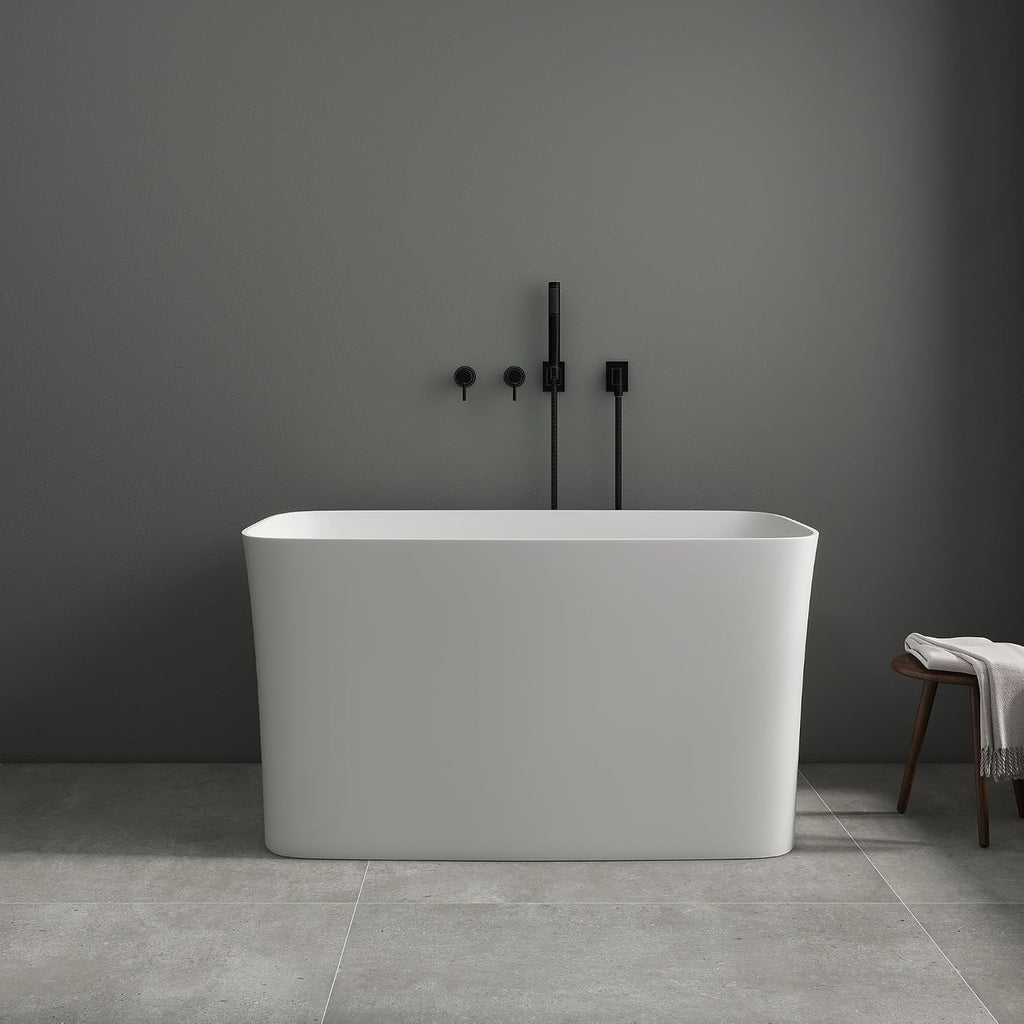 SJ Star&Jane 47' Solid Surface Freestanding Bathtub Japanese Soaking Tub Stone Resin Stand Alone Bathtub Sit-In Design with Overflow and Drain
