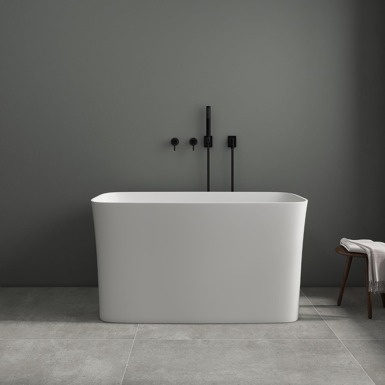 SJ Star&Jane 47' Solid Surface Freestanding Bathtub Japanese Soaking Tub Stone Resin Stand Alone Bathtub Sit-In Design with Overflow and Drain