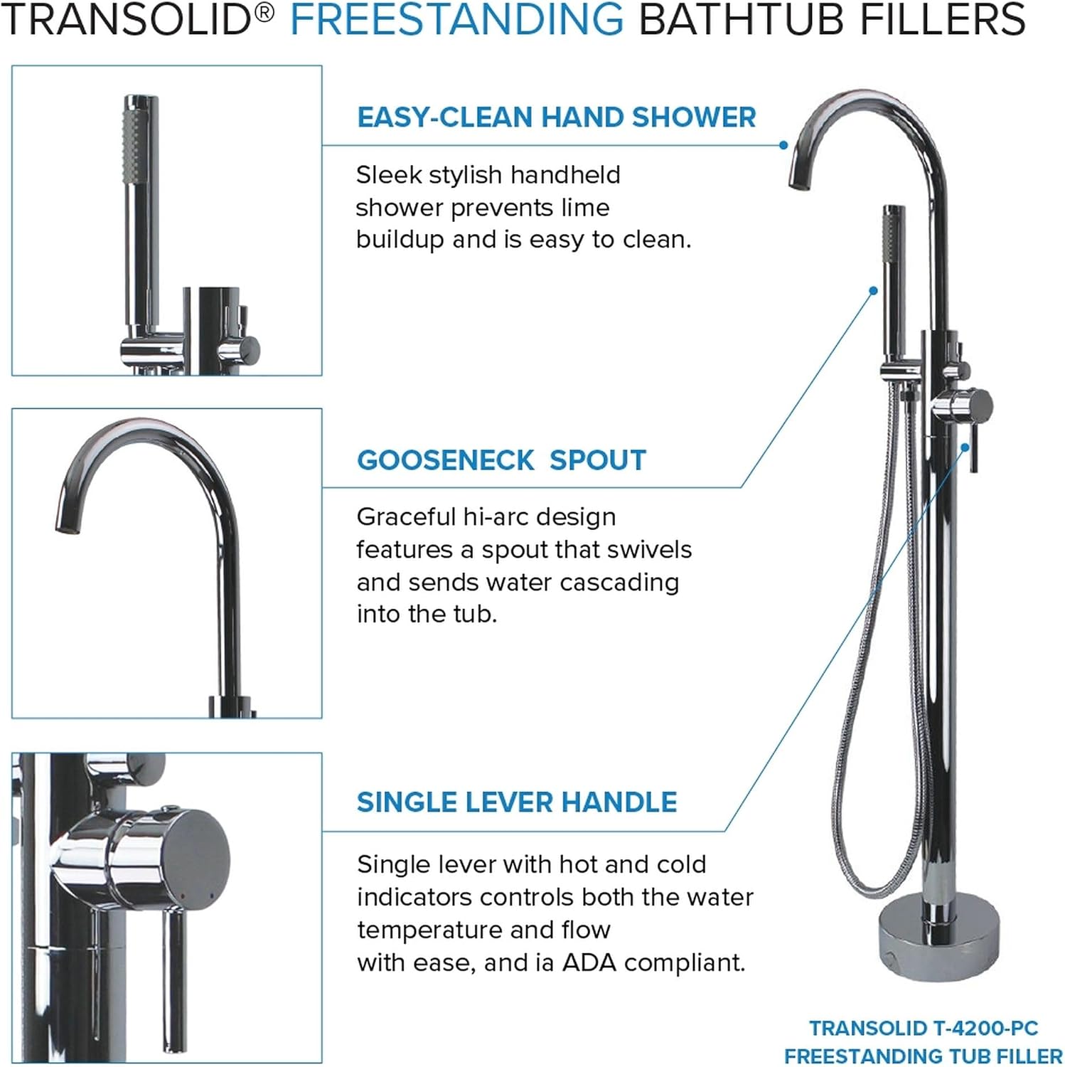 Transolid Skylar Freestanding Oval Soaking Bathtub Kit 59 in. x 31 in. Gloss White with Peyton T4200-PC Polished Chrome Floor-Mount Faucet, Color-Matched EZ-Click Center Drain and Bath Pillow