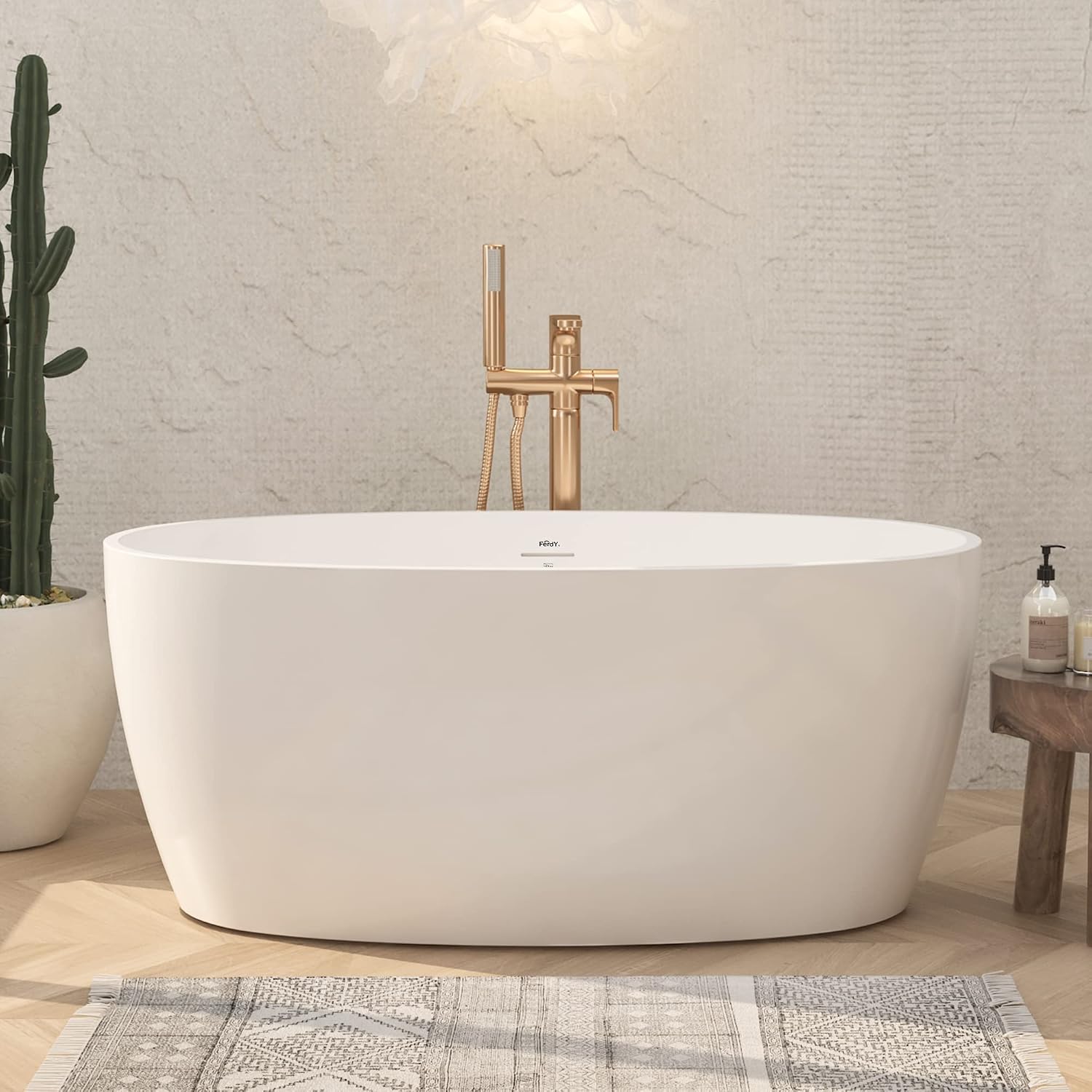 FerdY Tahiti 55' Acrylic Freestanding Bathtub, Elegant Oval Shape Soaking Bathtub, Glossy White, Brushed Nickel Drain & Integrated Slotted Overflow Assembly Included cUPC Certified