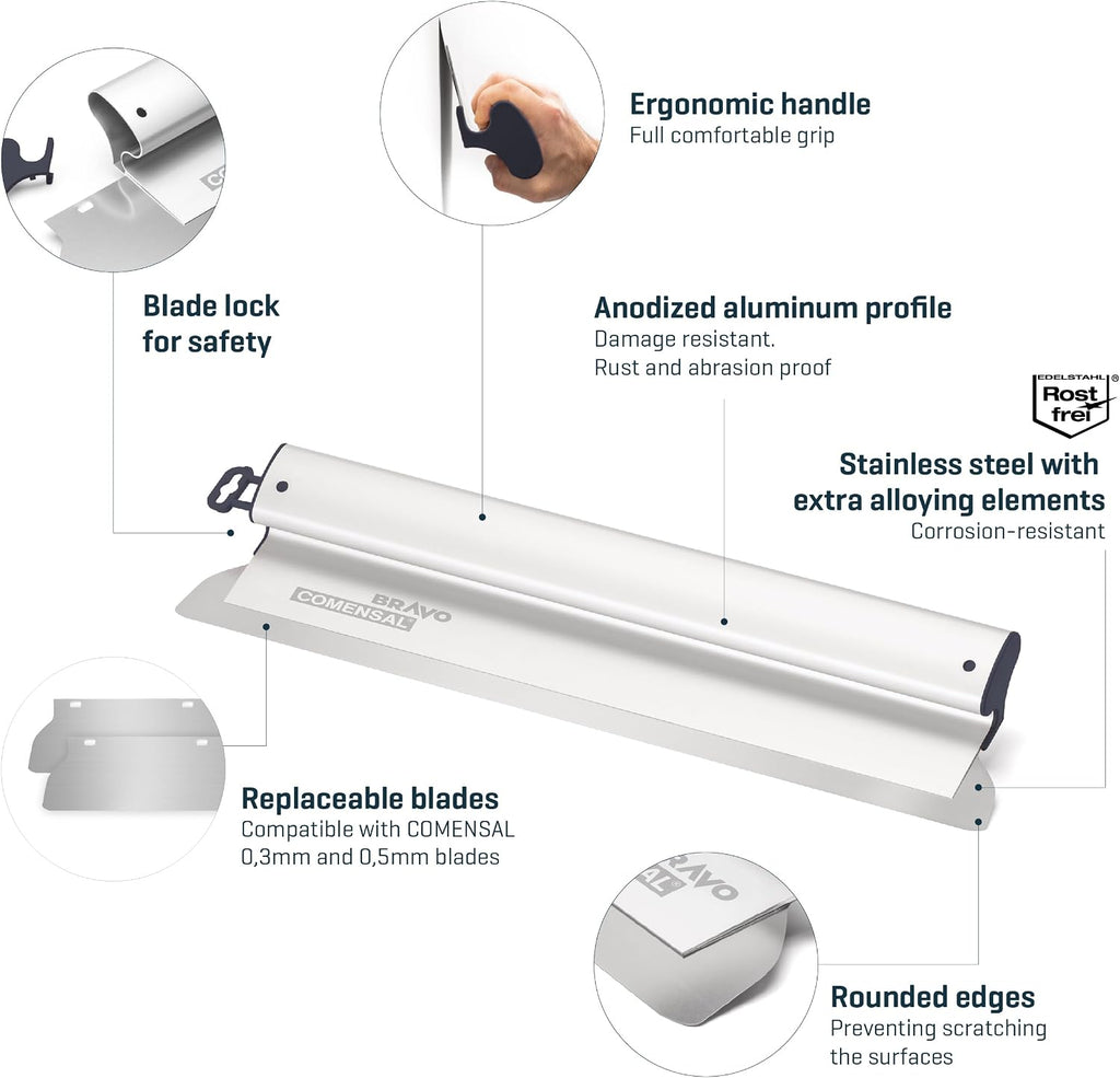 COMENSAL® Drywall Skimming Blade Set - Plastering Spatula 600 mm with a Blade 0,3 mm - Spare Blade 0,5 mm - Taping Knife - Stainless Steel - Made in EU