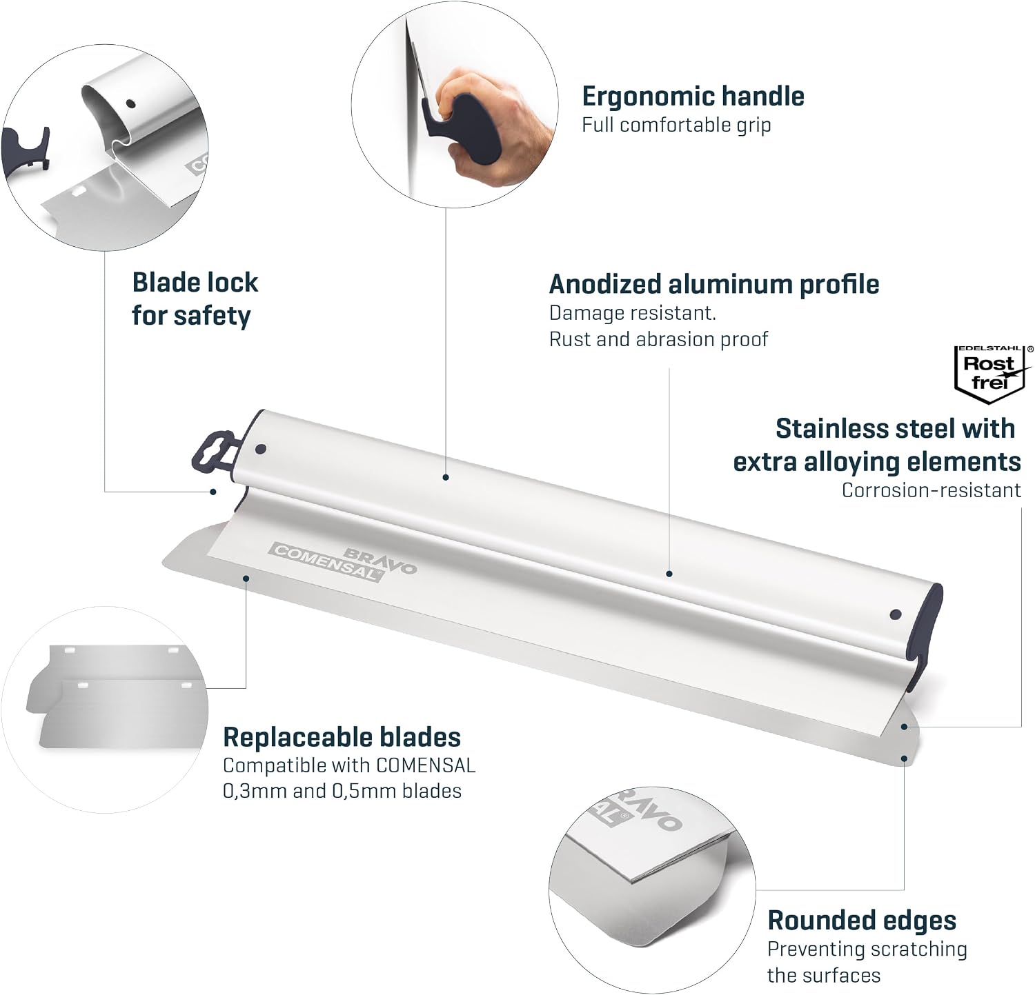 COMENSAL® Drywall Skimming Blade Set - Plastering Spatula 600 mm with a Blade 0,3 mm - Spare Blade 0,5 mm - Taping Knife - Stainless Steel - Made in EU