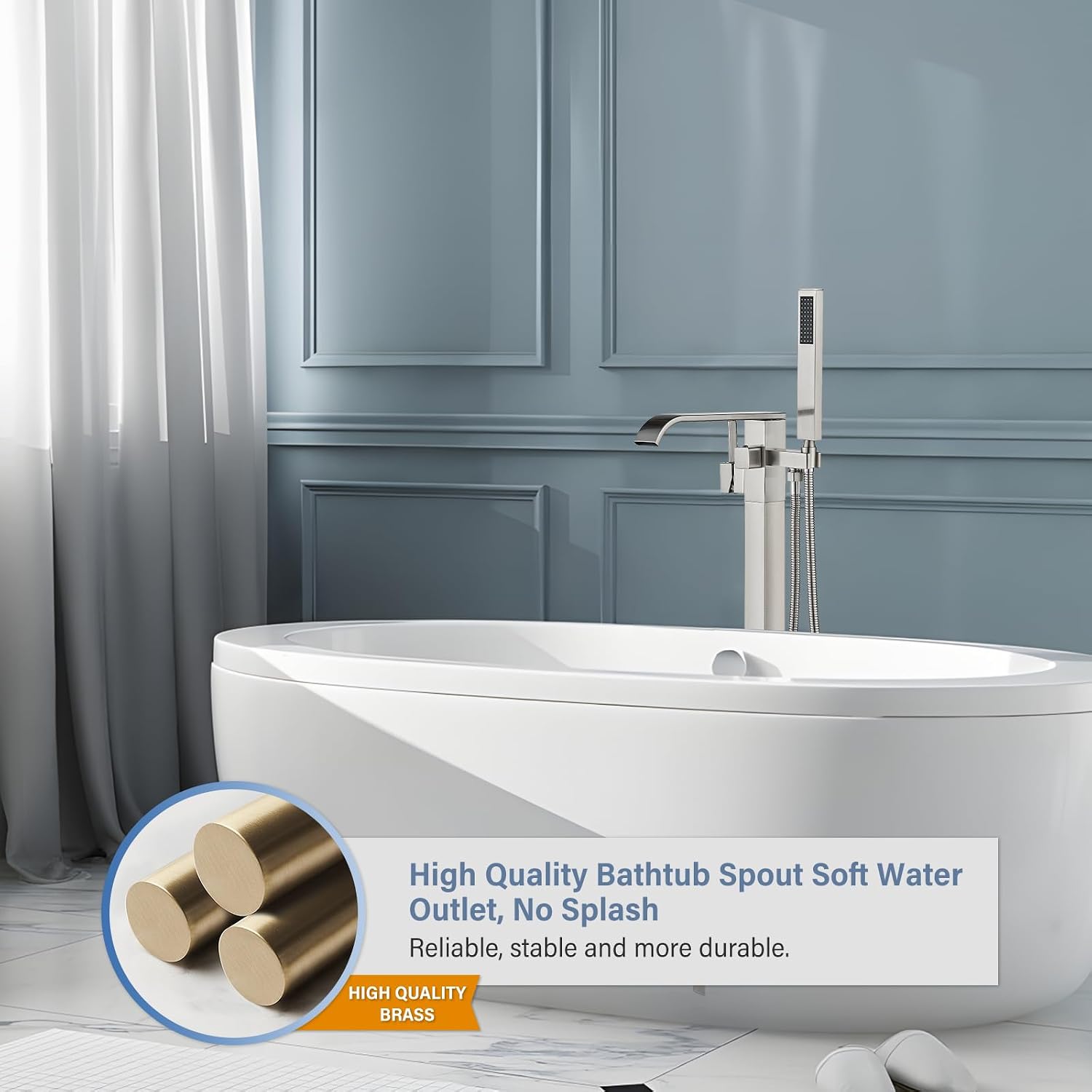 Freestanding Bathtub Faucet Brushed Nickel Tub Filler Floor Mount Single Handle Brass Tap with Handheld Shower and Swivel Mixer Spout