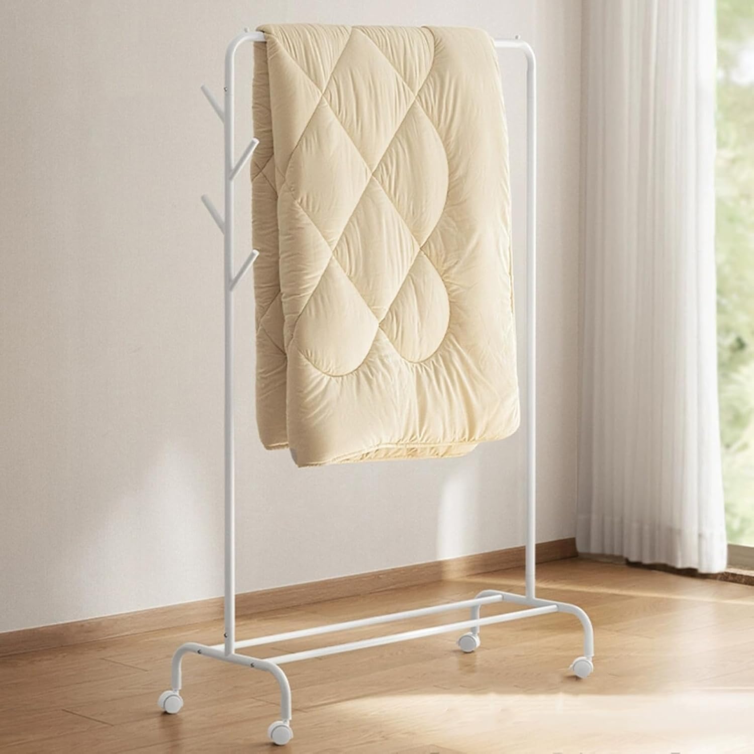 Garment Rack Heavy Duty Clothing Rack with Wheels, White Metal Clothes Rack with Hanging Rod and 4 Hooks, Retail Display Rack for Hanging Clothes, Portable Clothes Organizer for Bedroom