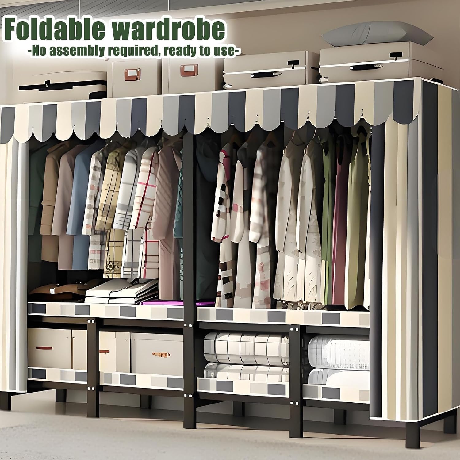 Foldable Drying Rack - Strong and Durable Portable Wardrobe Closet Rack with Cover, Large Metal Canvas Wardrobe Closet, Wardrobe Clothes Organizer, for Hanging Clothes(190 * 50 * 170cm)