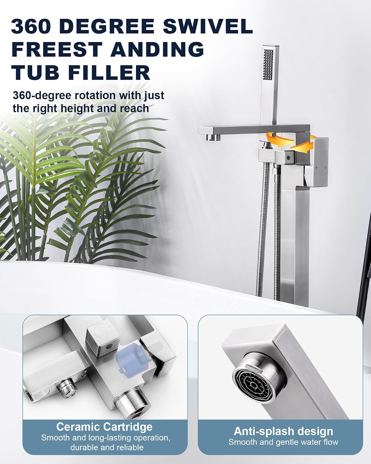 Freestanding Bathtub Faucet, High Flow Brass Bathroom Faucet Single Handle Floor Mount Tub Filler
