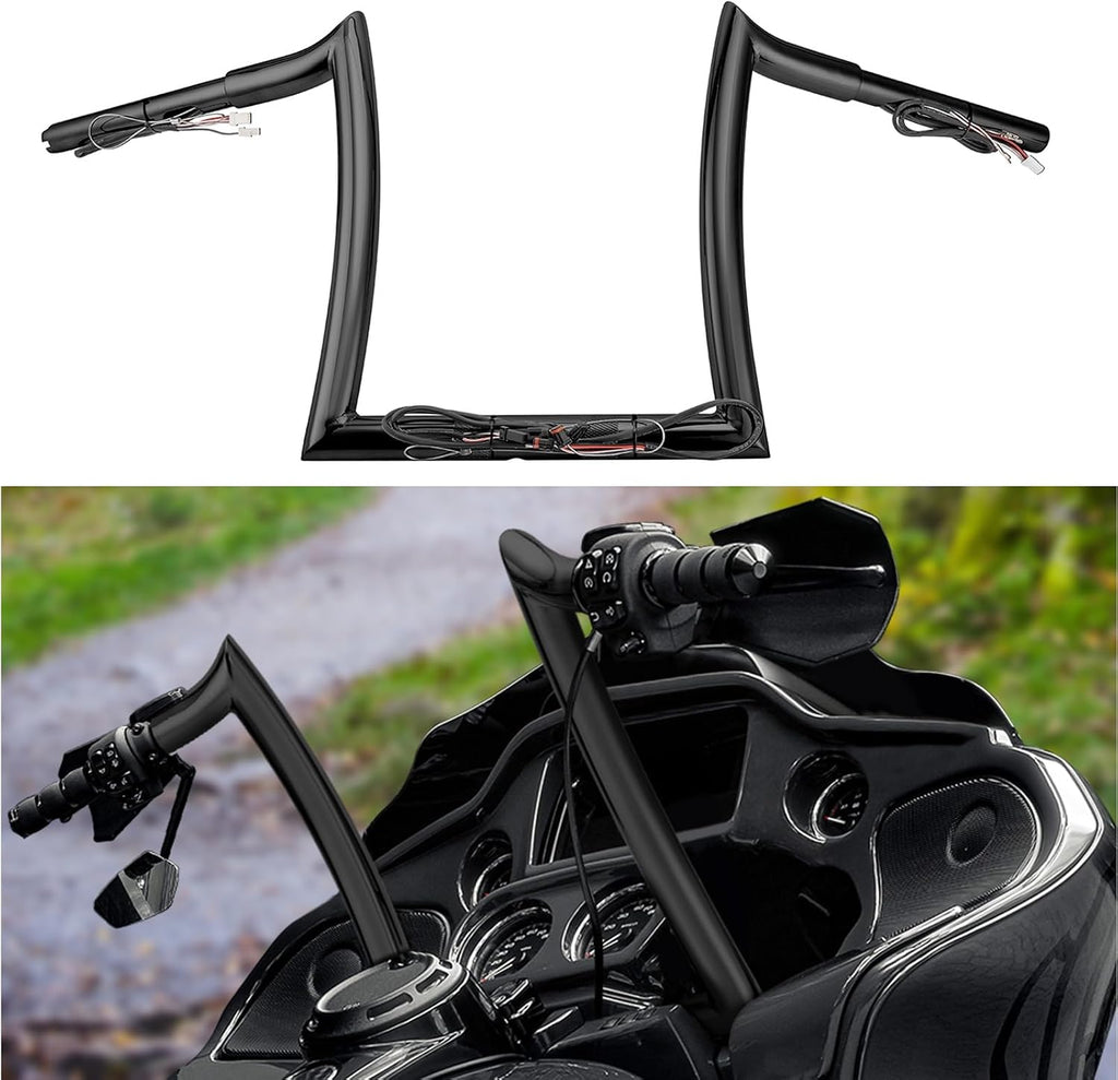 Mofun 12' Rise Pre-wired Ape Hangers Sharp Handlebars 1-1/4 inch Fat 1.25' Clamp Compatible with Harley Road Glide FLTR/I FLTR FLTRXST FLTRU 2015-2023, Gloss Black