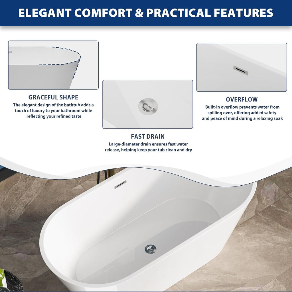 Sarlai 63 Inch Acrylic Freestanding Soaking Bathtub Contemporary Soaking White Tub Stand Alone Ergonomic Bathtub with Chrome Drain and Overflow