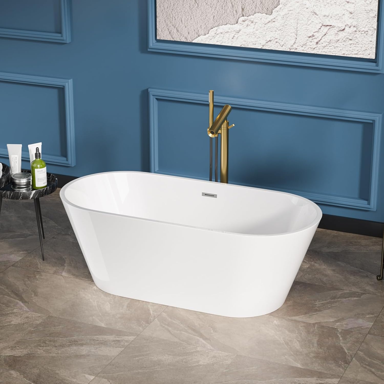 Sarlai 63 Inch Acrylic Freestanding Soaking Bathtub Contemporary Soaking White Tub Stand Alone Ergonomic Bathtub with Chrome Drain and Overflow