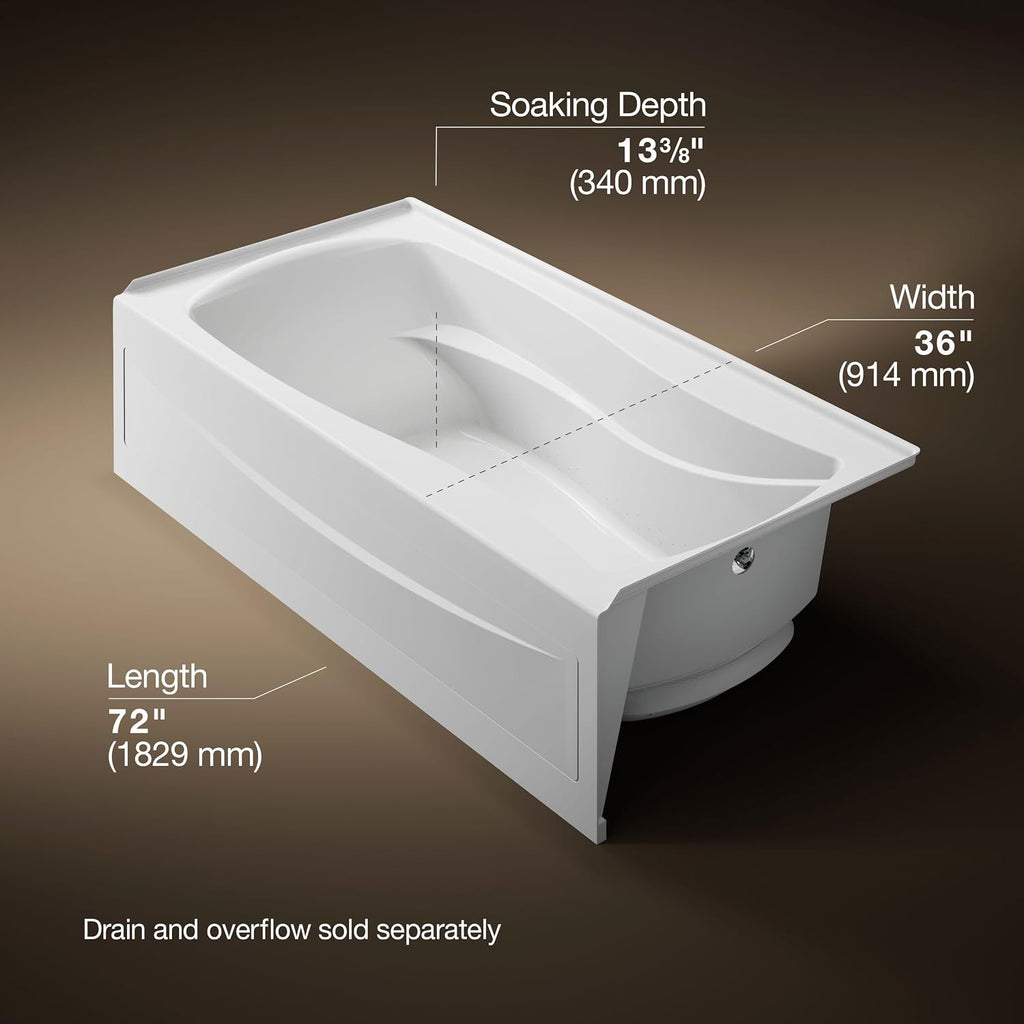 KOHLER K-1257-GHRA 72' X 36' Integral Apron Heated Bubblemassage™ Air Bath With Right-Hand Drain