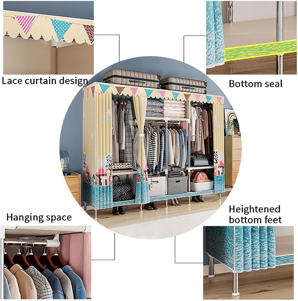 Garment Rack With Cover Heavy Duty Storage Wardrobe Closet With 3 Rods For Hanging Clothes, Closet Rack With 6 Shelves For Bedroom (Color : Blue A, Size : 245x45x172cm)