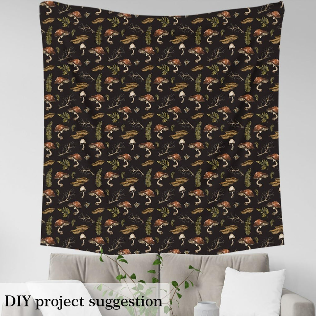 Mushroom Fabric by The Yard Watercolor Plant Rustic Style Indoor Fabric Soft Flannel Polyester No Stretch and Home DIY Projects Branch Weed Black Outdoor Fabric for Clothing Quilting Sewing,10 Yards