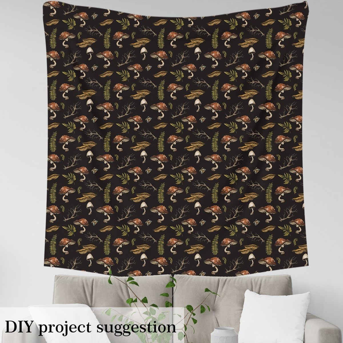 Mushroom Fabric by The Yard Watercolor Plant Rustic Style Indoor Fabric Soft Flannel Polyester No Stretch and Home DIY Projects Branch Weed Black Outdoor Fabric for Clothing Quilting Sewing,10 Yards