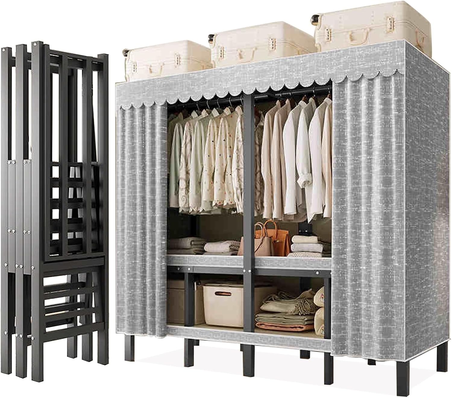 Heavy Duty Metal Clothing Rack with Cover Foldable Covered Clothes Rack with 2 Hanging Rods Freestanding Portable Wardrobe Closets Garment Rack Wardrobe Clothes Organizer ﻿(150cm/59.1in)