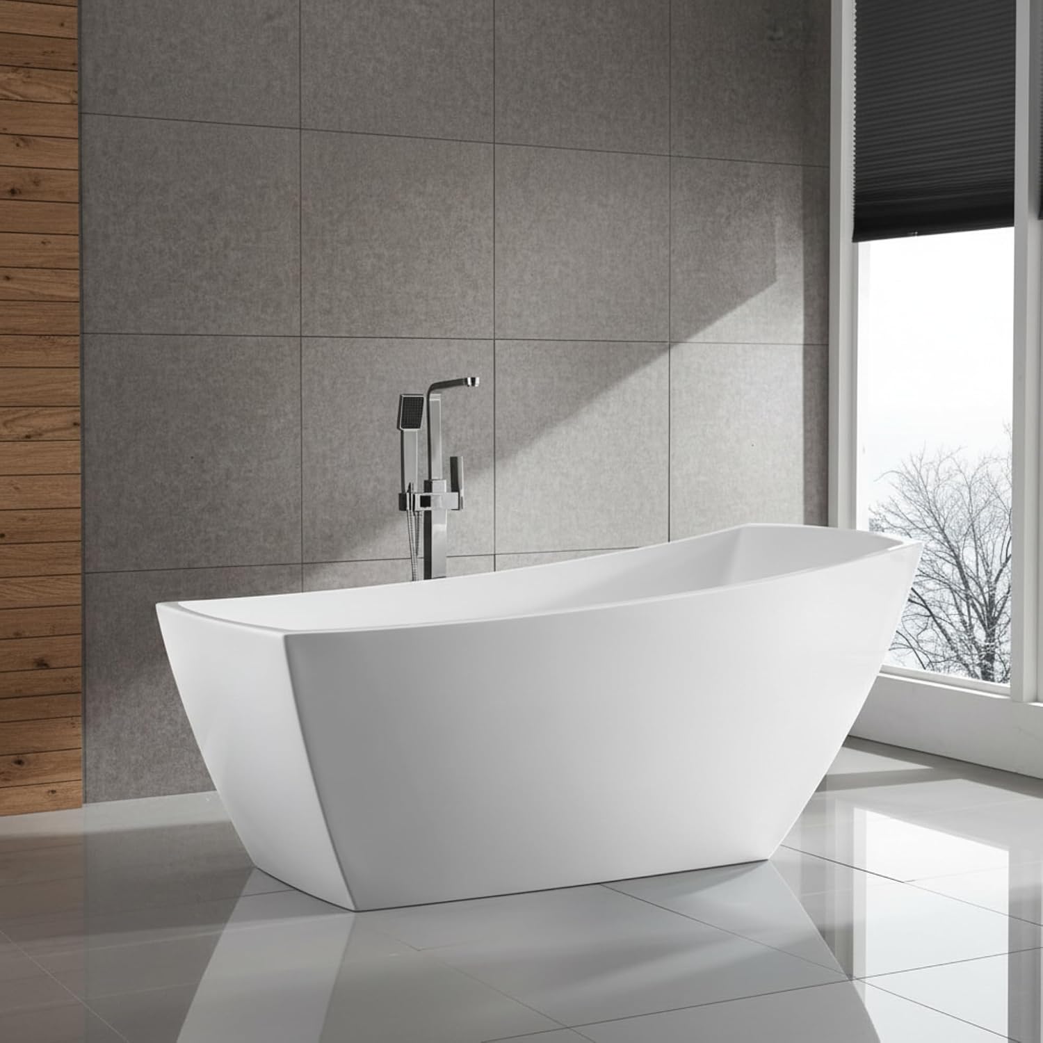Albi 67' Freestanding Acrylic Bathtub with Chrome Drain, Glossy White Seamless Soaking Tub, Fiberglass Reinforced with Leveling Legs, 56 Gal Capacity