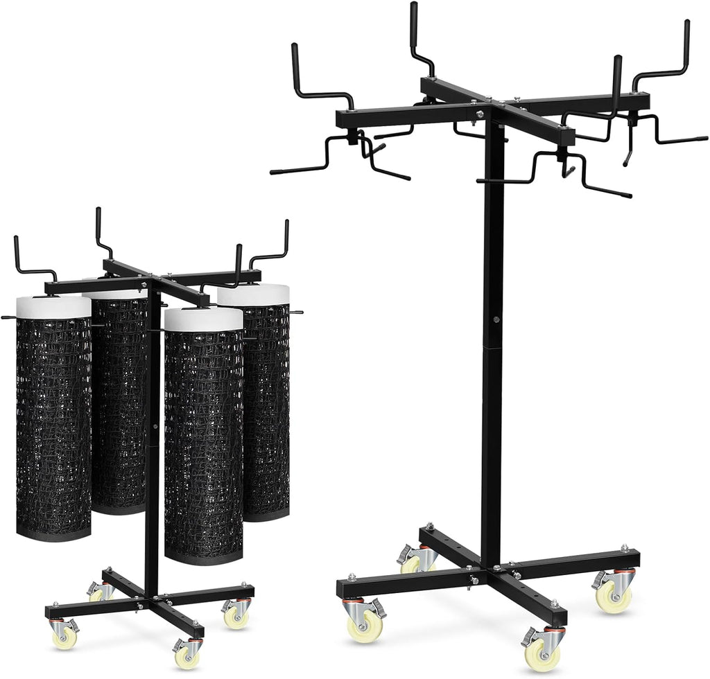 Movable Sports Net Storage Rack with Lockable Wheels, Heavy-Duty Holder for Volleyball, Tennis, Pickleball, Badminton Nets, Space-Saving Support Rack with Swivel Handle & Dust Covers