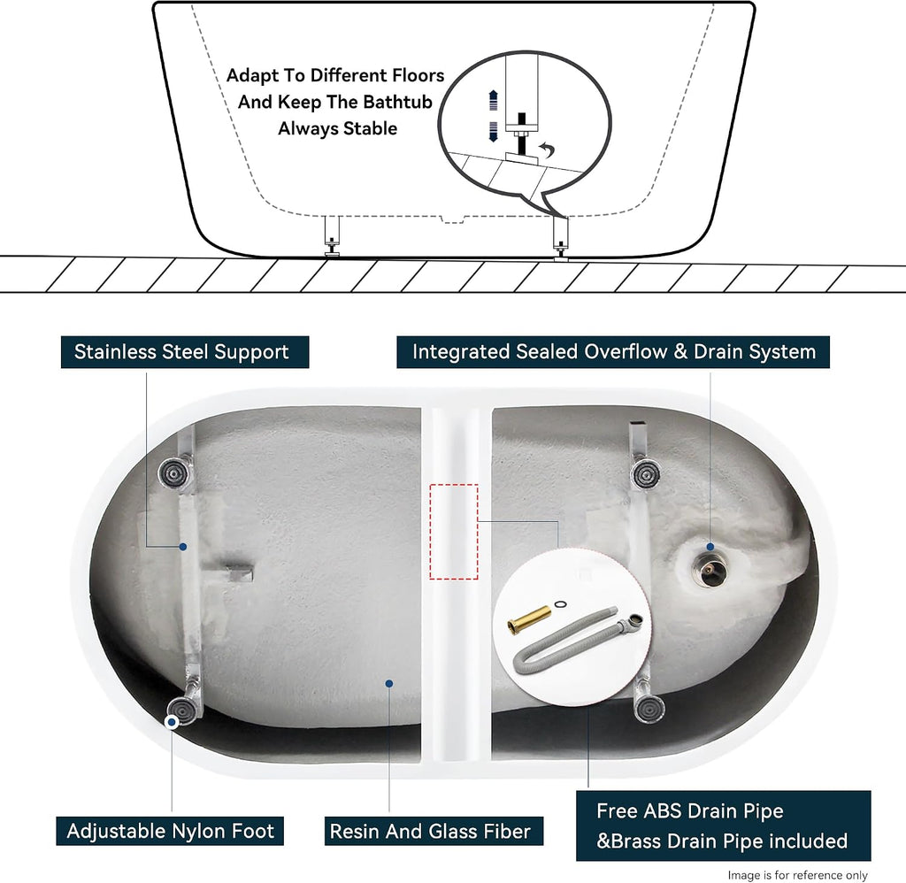 FerdY Lana'i 60' Freestanding Bathtub, Gracefully Shaped Freestanding Soaking tub, Glossy White, cUPC Certified, Brushed Nickel Drain &Back Scrubber for Shower,Long Handled Loofah on a Stick