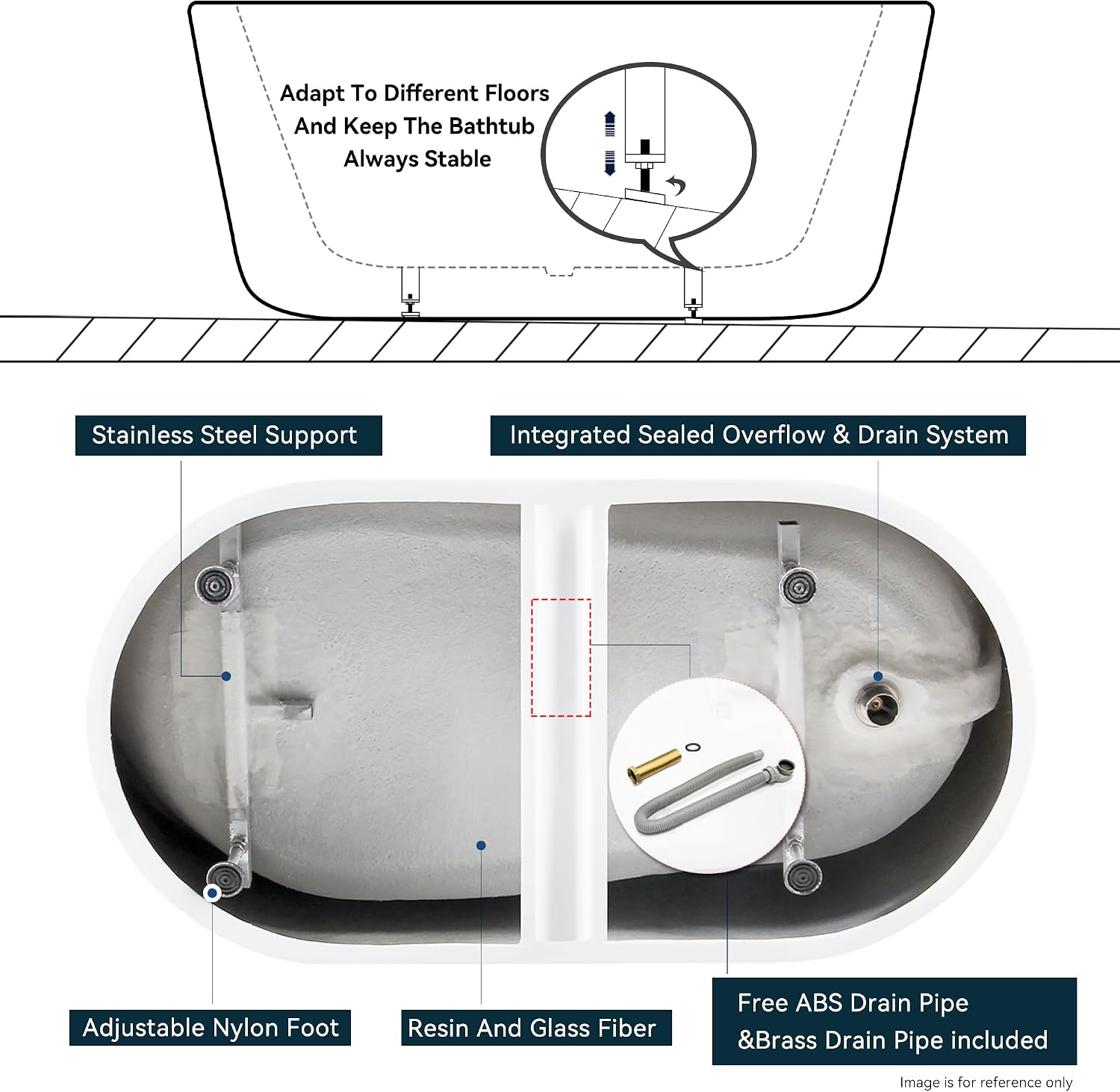 FerdY Lana'i 60' Freestanding Bathtub, Gracefully Shaped Freestanding Soaking tub, Glossy White, cUPC Certified, Brushed Nickel Drain &Back Scrubber for Shower,Long Handled Loofah on a Stick