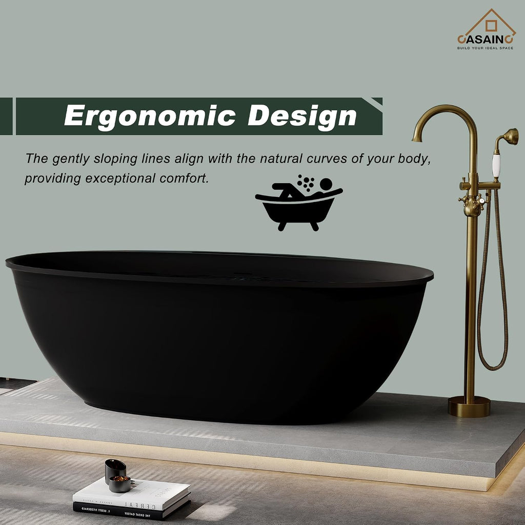 CASAINC 67' Large Space Free Standing Tub, Stone Resin Freestanding Bathtub Matte Black Solid Surface Soaking Tub with Drain, Drain Hose & Sanding Paper