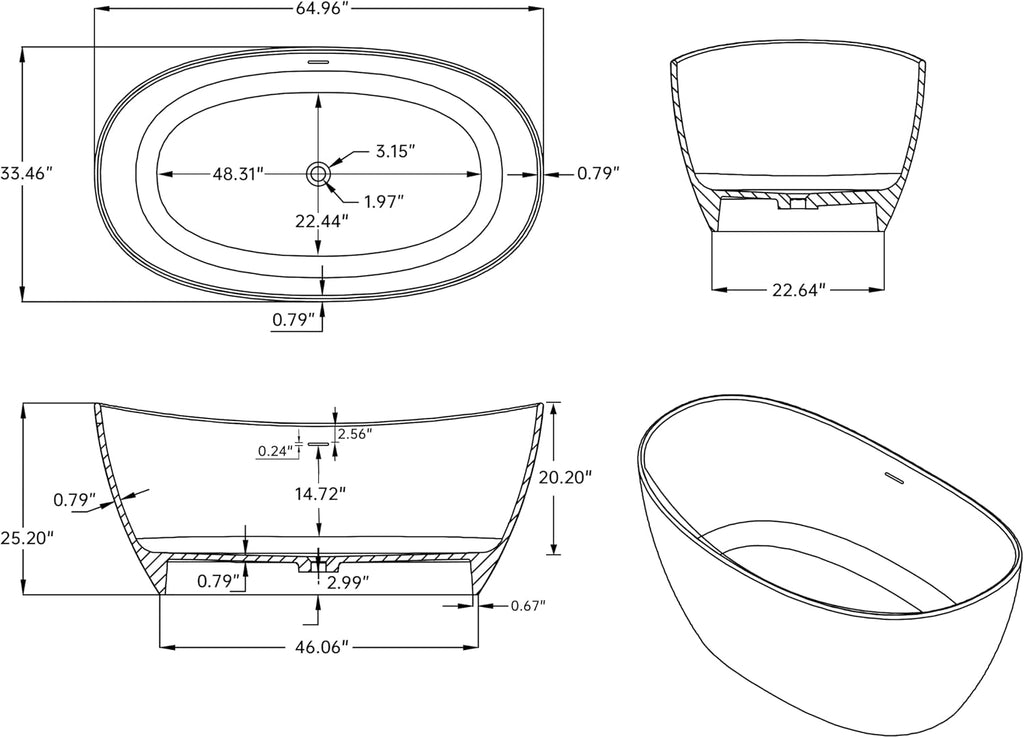 65' Stone Resin Freestanding Bathtub, Elegant Oval Design, Solid Surface Bathtub, Stand Alone Bathtub with Drain and Overflow,Matte White