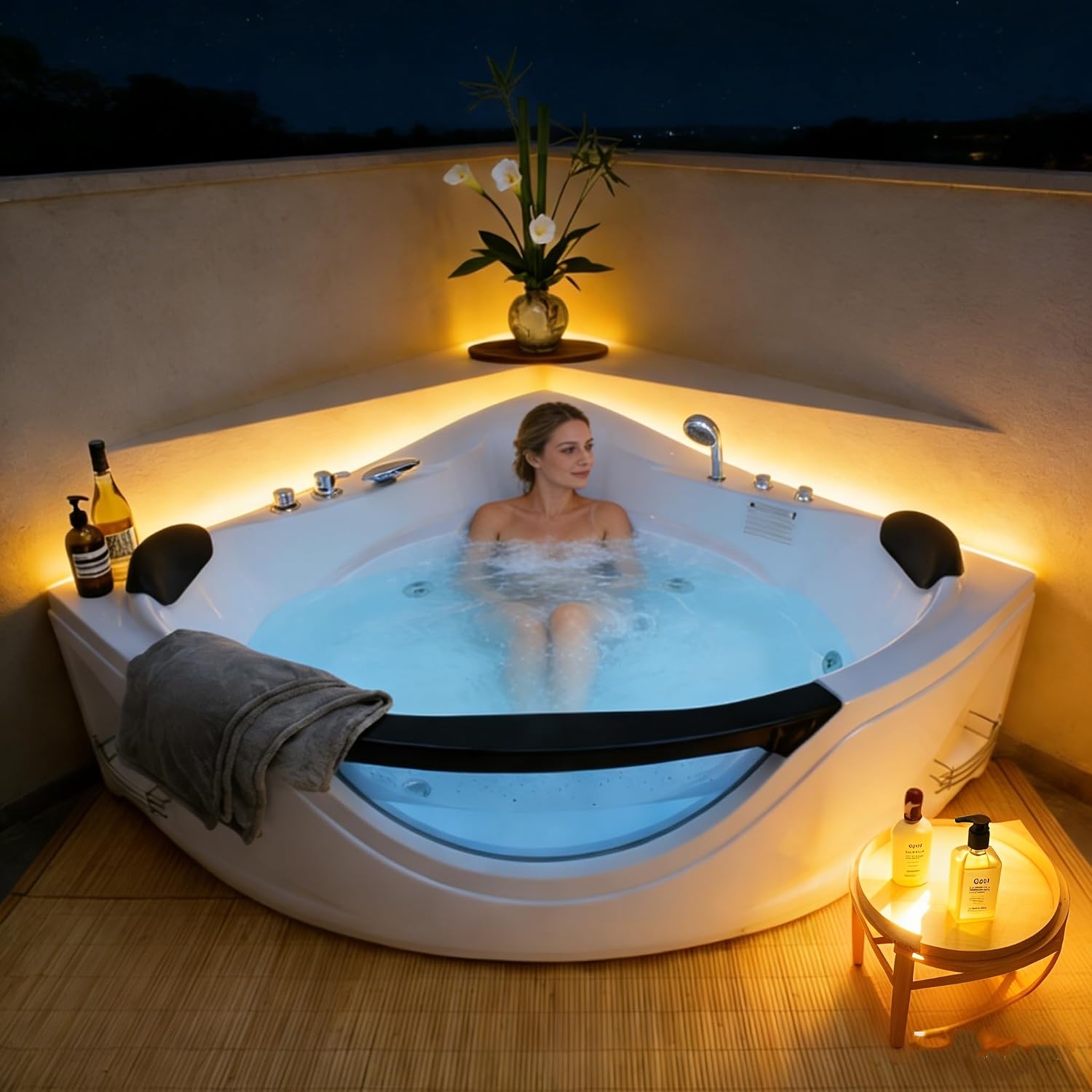 Favfurish 59' Corner Whirlpool Bathtub,Jetted Spa Tub w/ 6 Hydro Massage Jets, Freestanding Heated Soaking Combination Bathtub w/Chromatherapy LED Lights, UL Certified Water Pump,UPC Certified Drainer
