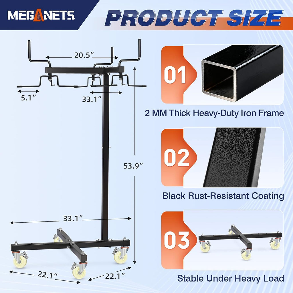 Movable Sports Net Storage Rack with Lockable Wheels, Heavy-Duty Holder for Volleyball, Tennis, Pickleball, Badminton Nets, Space-Saving Support Rack with Swivel Handle & Dust Covers