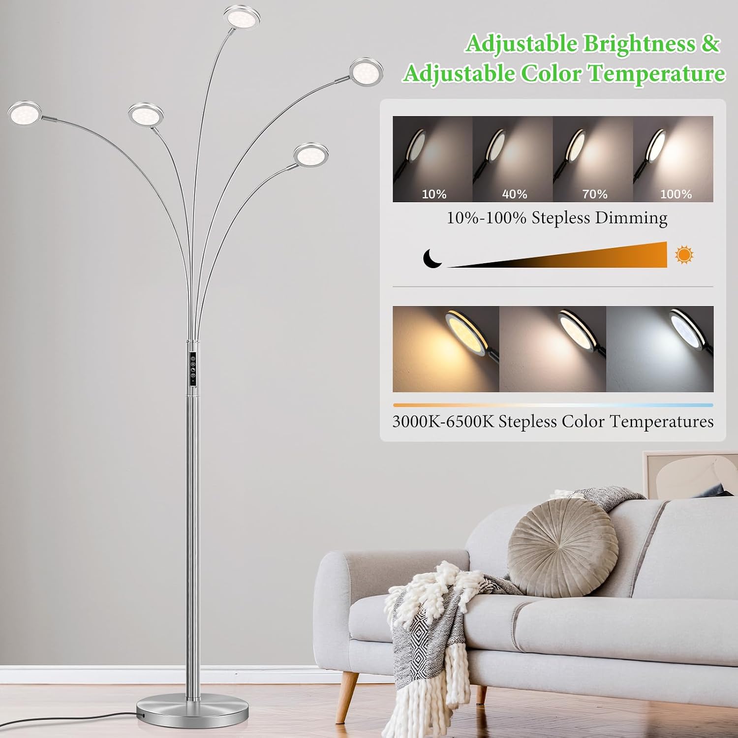 LED Arc Floor Lamp with Remote, 2250LM Dimmable Floor Lamp with Timer, Adjustable Colors, Brightness & 5 Adjustable Arms, Multi-Head Tall Standing Lamp for Living Room Bedroom Office, Satin Nickel
