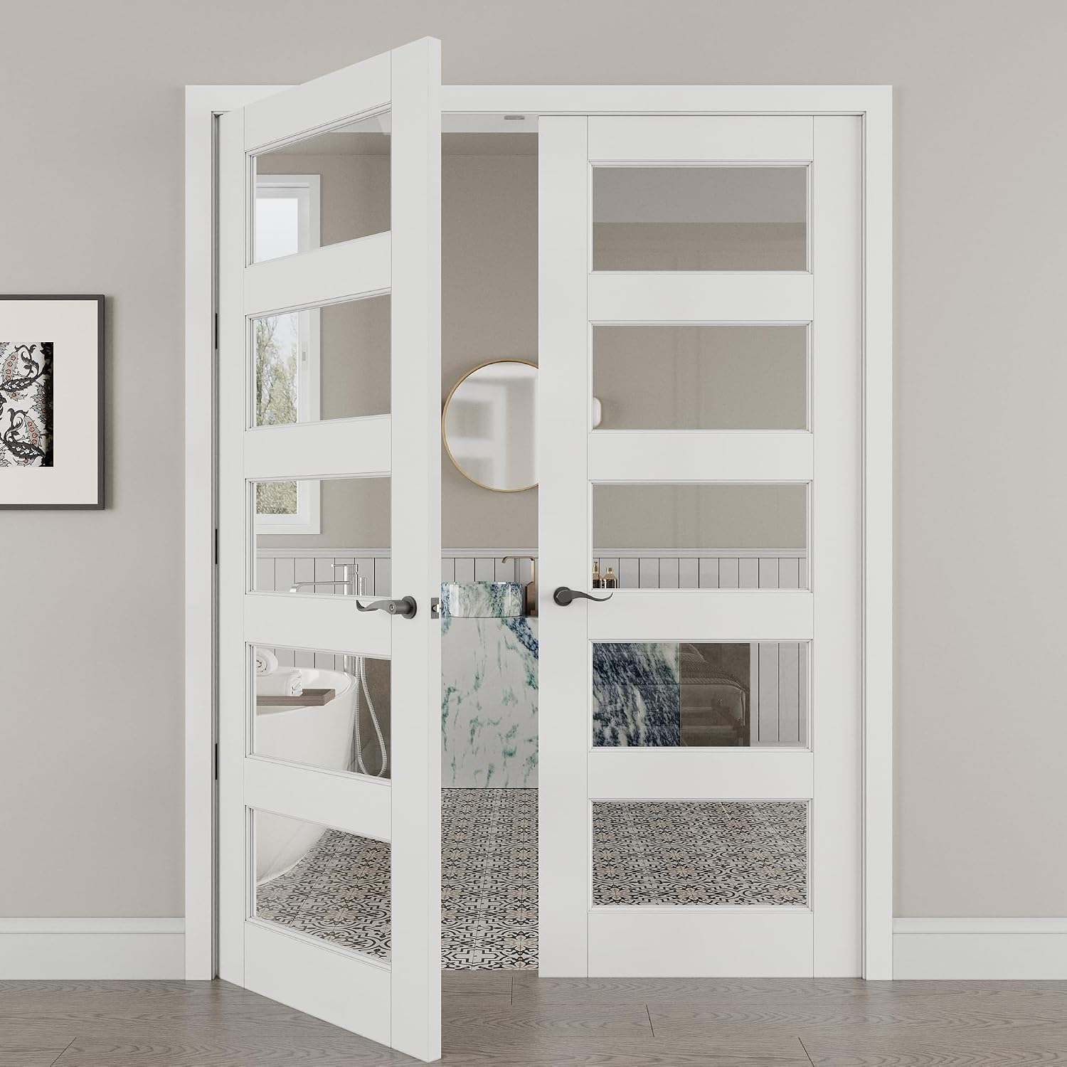 48' x 80' French Doors Interior (Double 24' x 80' 5-Lite Clear Glass Door with Black Hinge Prehung Jamb Kit), Pre-Finished & Paintable, Prebuilt Home Door Panels & Assembly Required Jamb