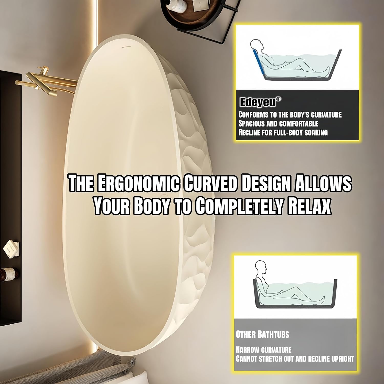 67' Edeyeu Luxury Freestanding Bathtub – Modern Solid Surface Bathtub With Ripple Design, Extra Deep Soaking Tub, Ergonomic Stand Alone Tub For Contemporary Luxury Bathrooms A
