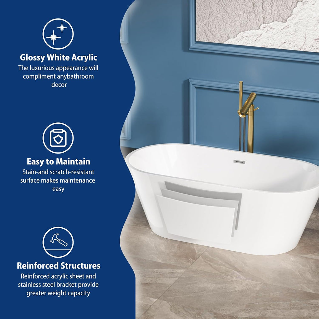 Sarlai 63 Inch Acrylic Freestanding Soaking Bathtub Contemporary Soaking White Tub Stand Alone Ergonomic Bathtub with Chrome Drain and Overflow