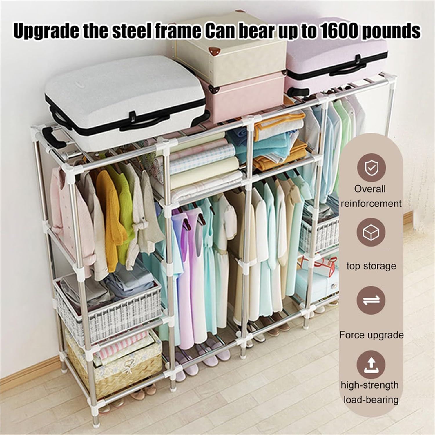 Portable Closets,Covered Clothing Racks For Hanging Clothes, Freestanding Portable Closet,Wardrobe Closet Heavy Duty Garment Rack,Extra Large Clothes Rack With Cover(Gray,145cm)