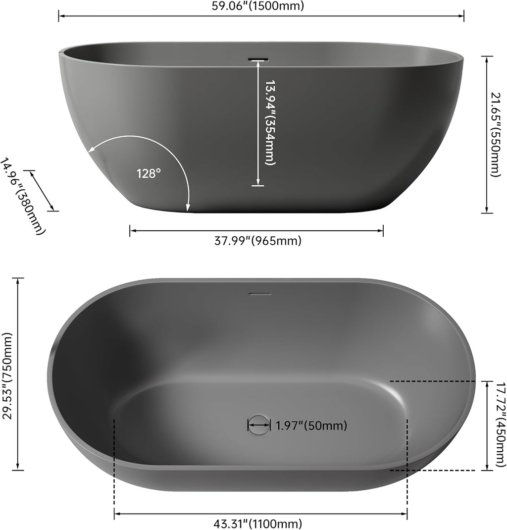 59' Premium Freestanding Stone Resin Bathtub, Oval Shape Solid Surface Dark Grey Soaking Tubs with Overflow and Pop-up Drain