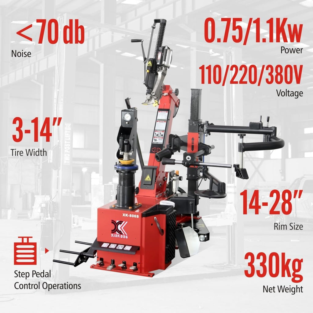 XK-806S Tire Changer Machine Tilt Back Column Automatic Working Head Manual Locking Clamp 2.0 Horsepower 10-28 Inches with 12 Month Parts Replacement