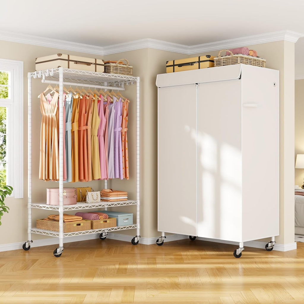 ULIFHOME P6C Rolling Clothes Rack with Cover, Covered Clothing Racks Heavy Duty, Portable Closet for Hanging Clothes, Garment Racks on Wheels, White Closet Rack with White Cover, Max Load 365LBS