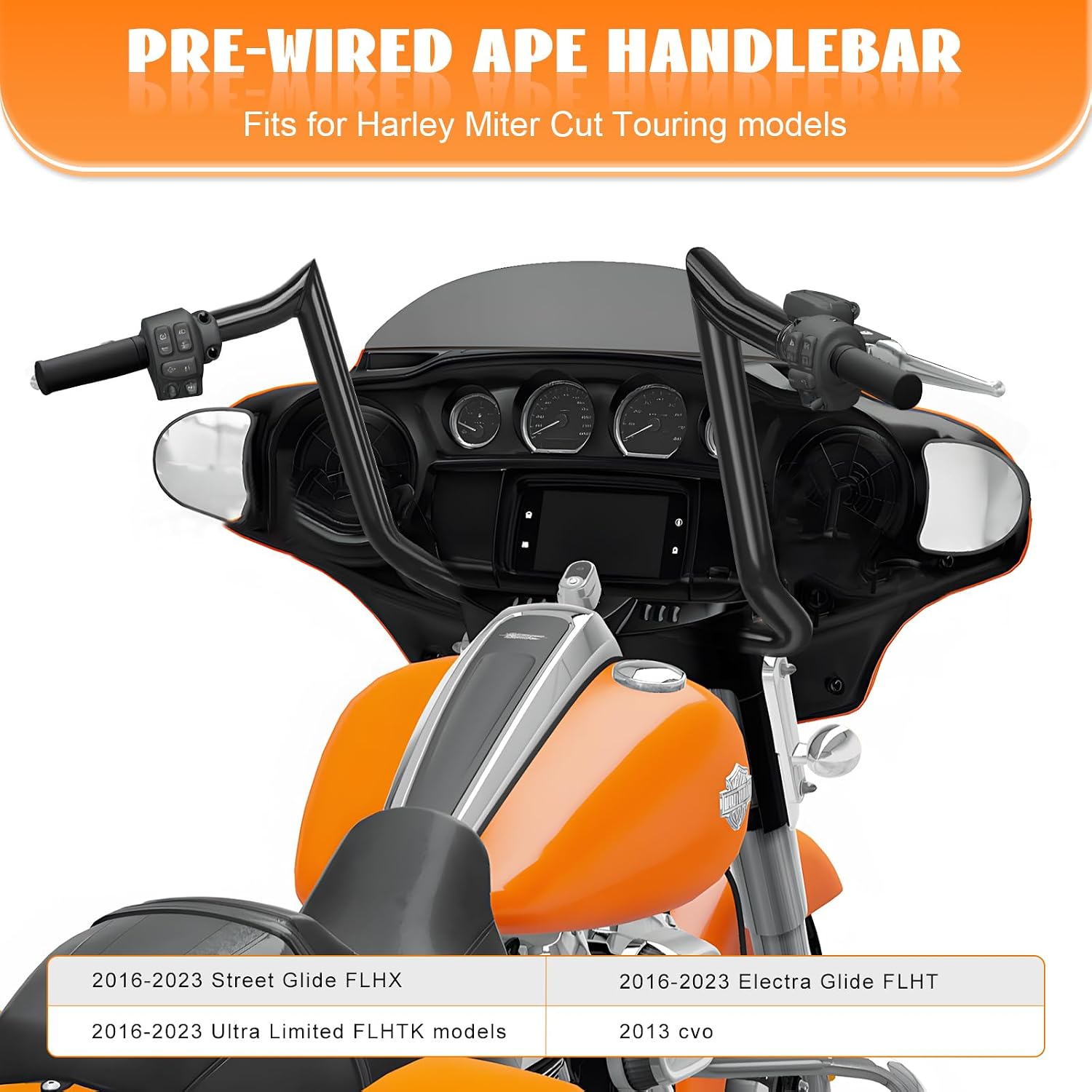 12' Rise Pre-Wired Ape Hangers Handlebars 1 1/4' Fat 1' Clamp Meathook Monkey Bar Gloss Black Fit for Harley Touring Miter Cut 2013 Cvo 2016-2023 Street Glide Electra Glide Ultra Limited