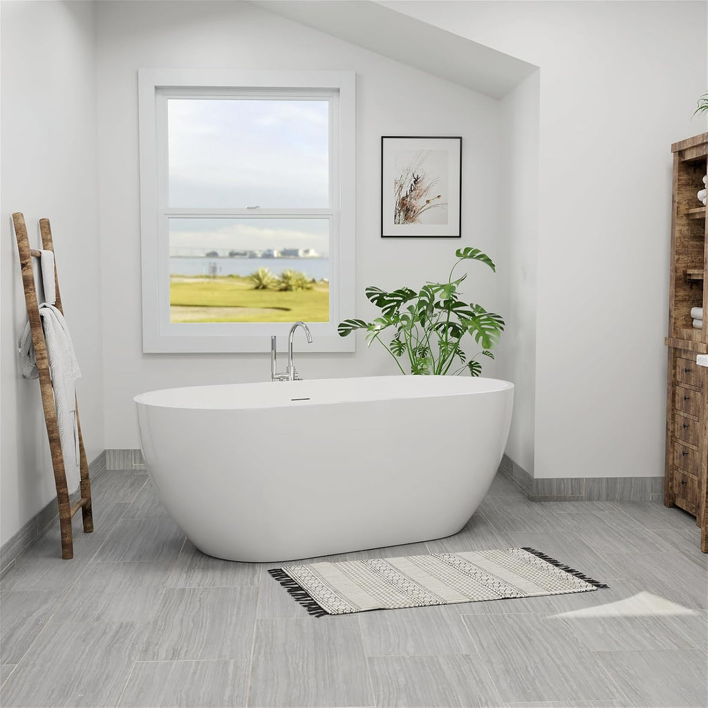 65' Acrylic Freestanding Bathtub, Double Ended Free Standing Tub, Soaking Tub with Integrated Slotted Overflow, Toe-Tap Chrome Drain, cUPC Certified, Glossy White