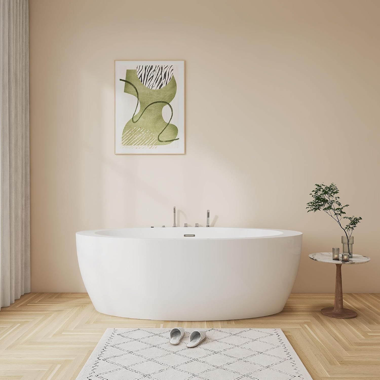 71' Premium Whirlpool Water Jetted and Chromatherapy LED Lights Freestanding Tub Soaking Oval Acrylic Bathtub With Faucet, Gloss White with Overflow and Drain