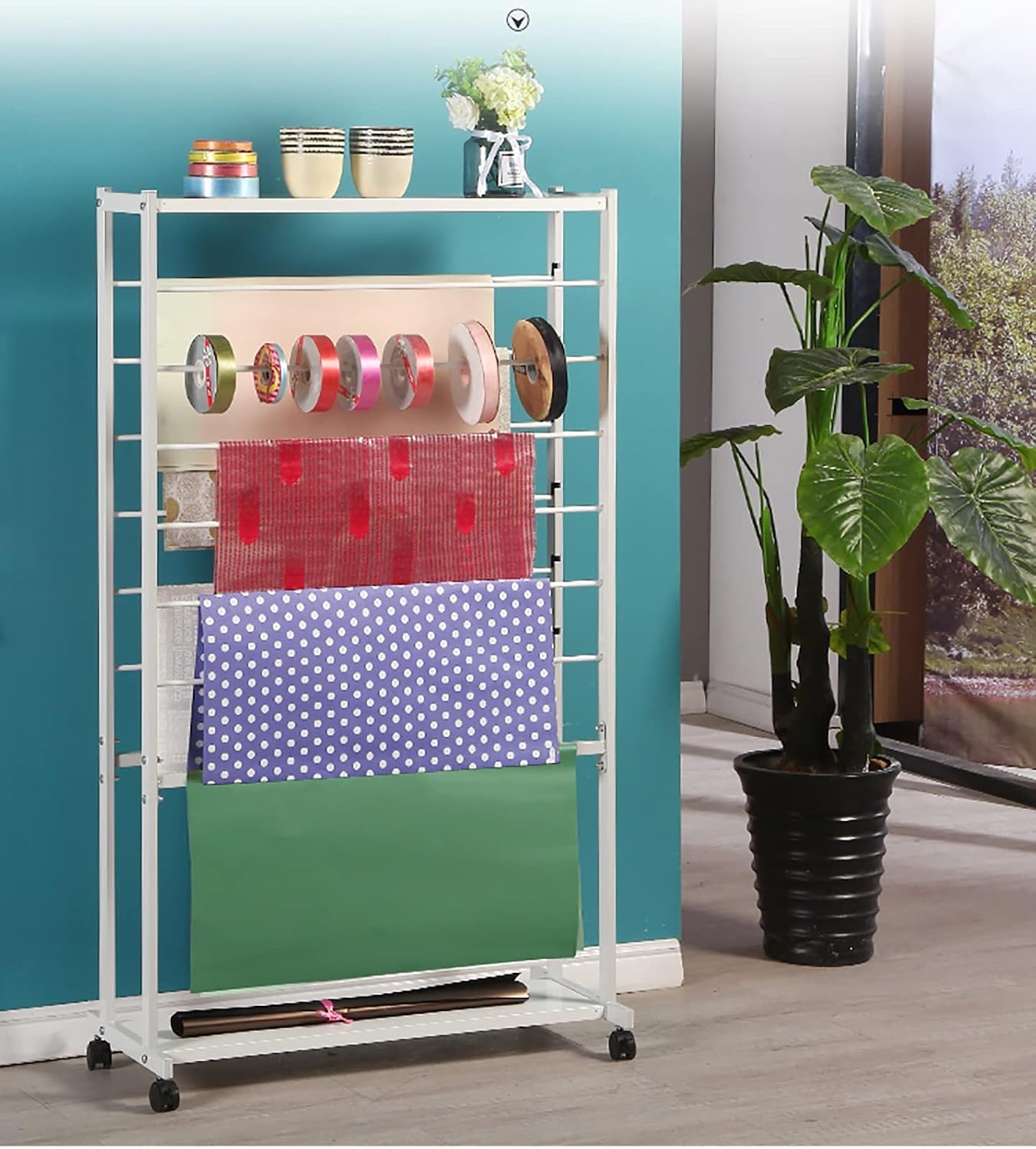 Rolling Wrapping Paper/Ribbons Rack Stand, Metal Uprigth Scarf Storage Organizer with Wheels, 7 Tier Double-Sided Display Holder for Flower Shop (White)