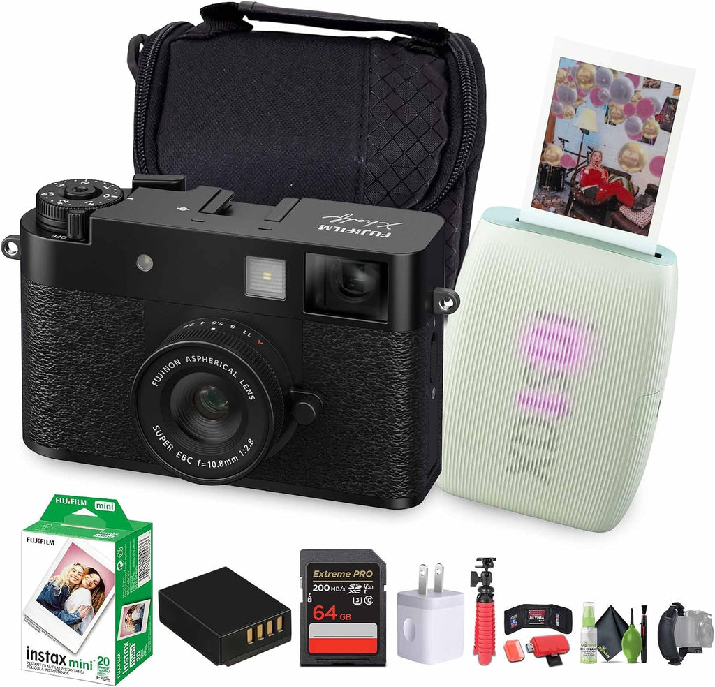FUJIFILM X Half Premium Compact Digital Camera (Black) Bundle with Fuji Link 3 Smartphone Printer (Sage Green) + Instax Mini Film + 64GB Memory Card + Flexible Tripod + Cleaning Kit + More