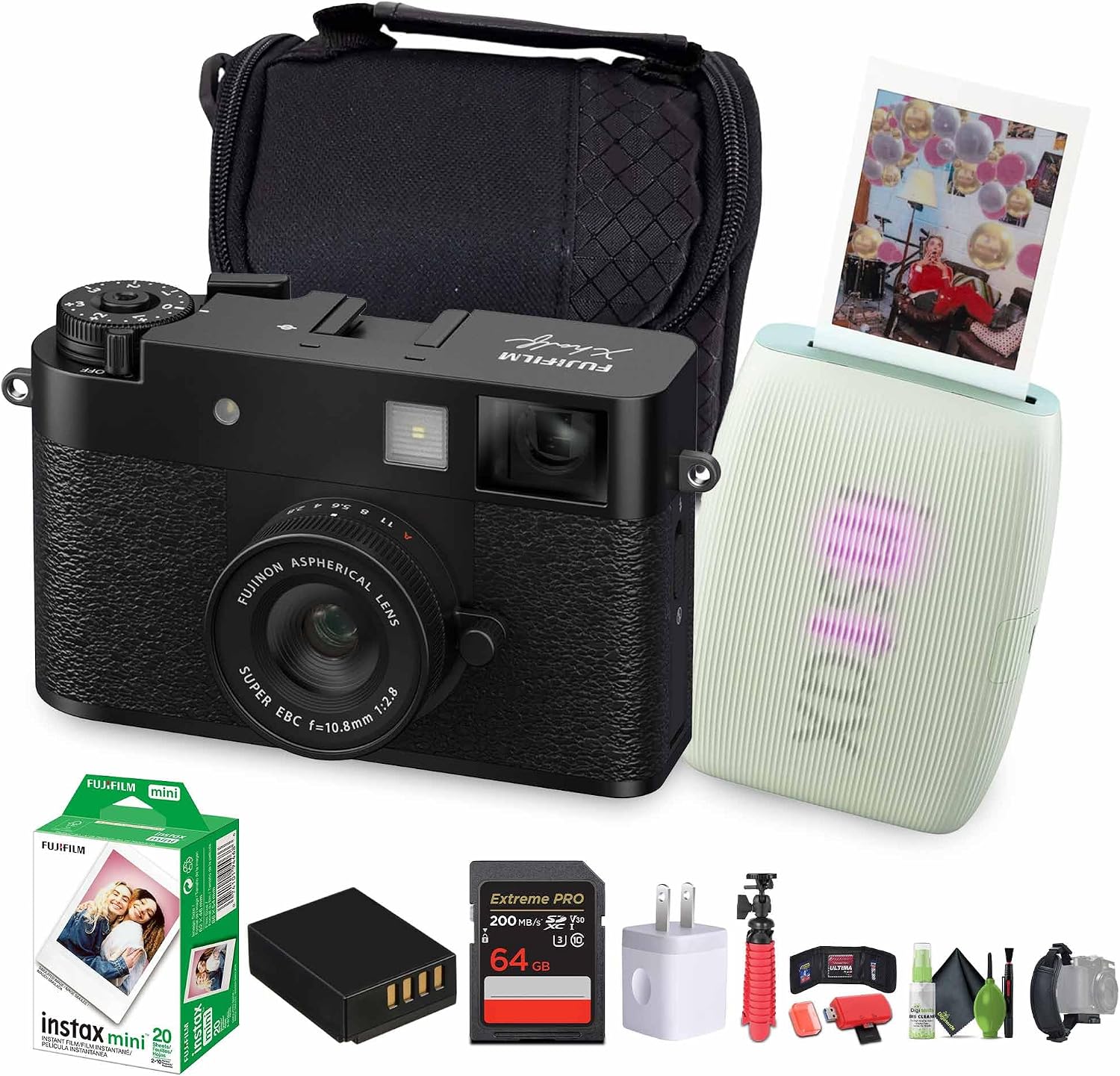FUJIFILM X Half Premium Compact Digital Camera (Black) Bundle with Fuji Link 3 Smartphone Printer (Sage Green) + Instax Mini Film + 64GB Memory Card + Flexible Tripod + Cleaning Kit + More